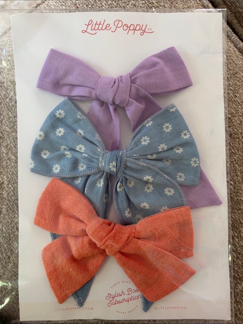 Little Poppy Three-Bow Hair Clip Set — Lavender, Dusty Blue Floral & Coral